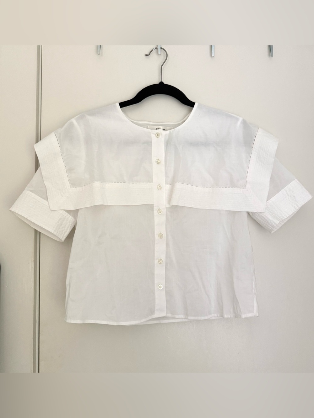 FRAME Cotton Button-Down Top with Cape Overlay in White XS